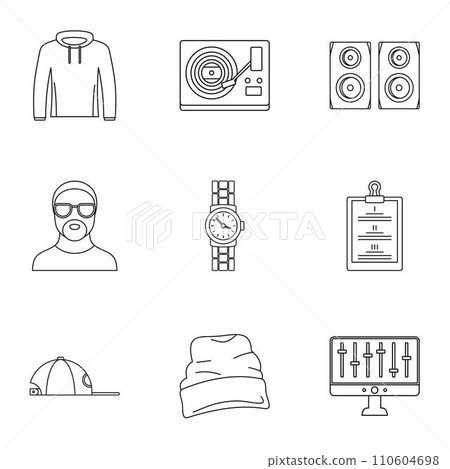 Urban rap icon set. Outline set of 9 urban rap vector icons for web design isolated on white background Urban rap icon set. Outline set of 9 urban rap vector icons for web design isolated on white background 110604698