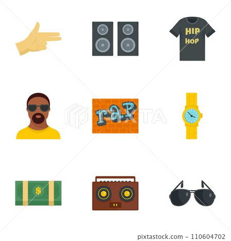 Urban rap icon set. Flat set of 9 urban rap vector icons for web design Urban rap icon set. Flat set of 9 urban rap vector icons for web design 110604702