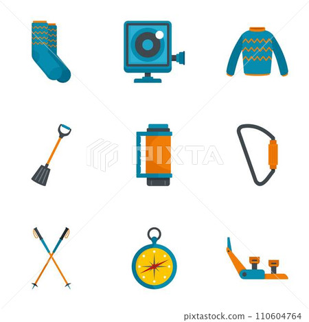 Climbing mountain icon set. Flat set of 9 climbing mountain vector icons for web design 110604764