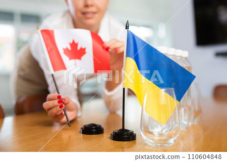 Unrecognizable girl sets midget flags of Ukraine and Canada before international negotiations 110604848