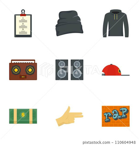 Rap icon set. Flat set of 9 rap vector icons for web design Rap icon set. Flat set of 9 rap vector icons for web design 110604948