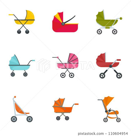 Baby pram icon set. Flat set of 9 baby pram vector icons for web design 110604954