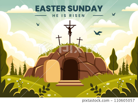 Happy Easter Sunday Vector Illustration of Jesus, He is Risen and Celebration of Resurrection with Cave and the Cross in Flat Cartoon Background Happy Easter Sunday Vector Illustration of Jesus, He is Risen and Celebration of Resurrection with Cave and the Cross in Flat Cartoon Background 110605057