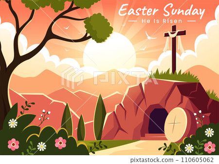 Happy Easter Sunday Vector Illustration of Jesus, He is Risen and Celebration of Resurrection with Cave and the Cross in Flat Cartoon Background 110605062