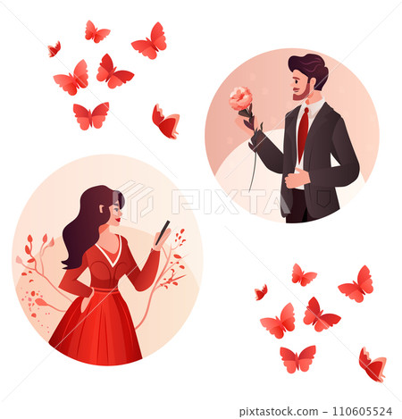 man woman lovers with flowers celebrating happy valentines day man woman lovers with flowers celebrating happy valentines day 110605524