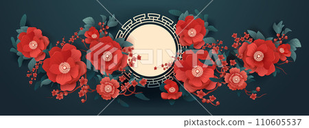 chinese new year greeting card with red flowers asian flyer invitation poster horizontal 110605537