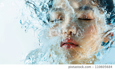 亞洲女性擁有美麗透明的肌膚，在水的祝福下閃閃發光 110605684