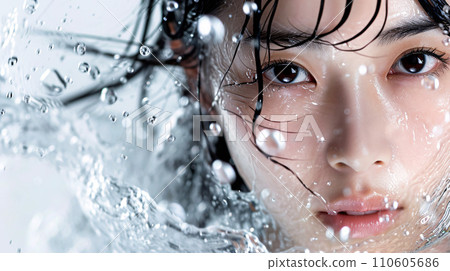 亞洲女性擁有美麗透明的肌膚，在水的祝福下閃閃發光 110605686