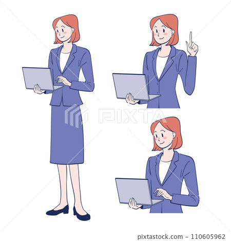 Illustration of a woman in a suit operating a laptop 110605962
