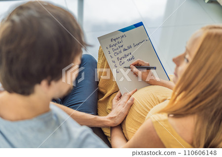 Expectant woman and her husband diligently compiles a list of childbirth costs, planning and organizing financial considerations for the upcoming delivery Expectant woman and her husband diligently compiles a list of childbirth costs, planning and organizing financial considerations for the upcoming delivery 110606148