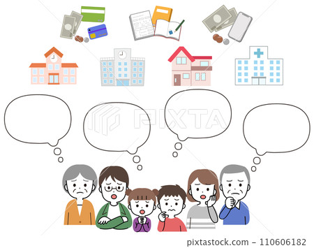 Speech bubble illustration icon set of a three-generation family thinking about life plans, money, and retirement assets 110606182