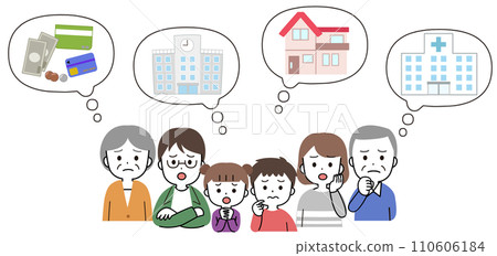 Speech bubble illustration of a three-generation family thinking about life plans, money, and retirement assets Speech bubble illustration of a three-generation family thinking about life plans, money, and retirement assets 110606184