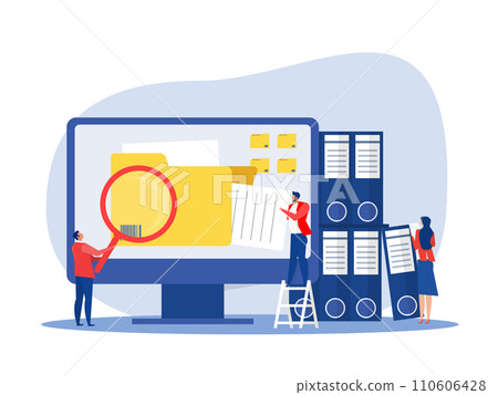 Data storage concept  Man using magnifying glass and searching files in an electronic database  indexing file documents. vector illustration for storage 110606428