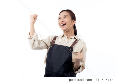 Portrait young asian barista woman wearing apron standing and smile isolated. Portrait young asian barista woman wearing apron standing and smile isolated. 110606458