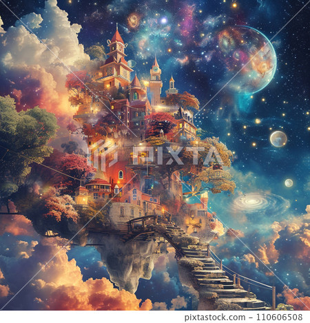 [AI generated image/AI illustration] Mysterious night, space and flying city 110606508