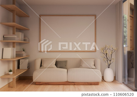 Interior design of a beautiful, modern Scandinavian living room with a cosy couch and decor. Interior design of a beautiful, modern Scandinavian living room with a cosy couch and decor. 110606520