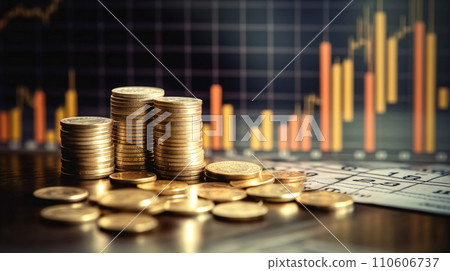 A pile of gold coins is placed in front of a financial stock chart. A pile of gold coins is placed in front of a financial stock chart. 110606737