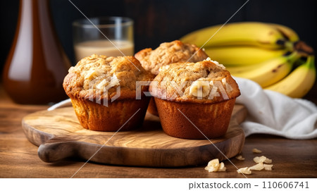 BANANA OATY MUFFINS on wooden table with blur background BANANA OATY MUFFINS on wooden table with blur background 110606741