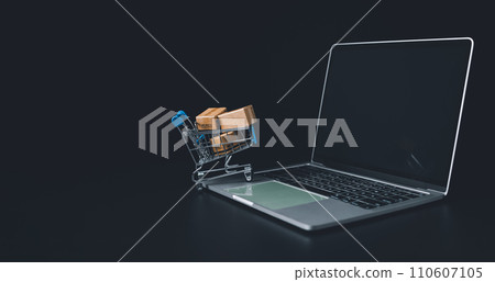 Boxes in a shopping car on a laptop keyboard. Ideas about online shopping, online shopping is a form of electronic commerce that allows consumers to directly buy goods from seller over the internet. Boxes in a shopping car on a laptop keyboard. Ideas about online shopping, online shopping is a form of electronic commerce that allows consumers to directly buy goods from seller over the internet. 110607105