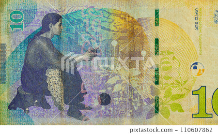 Georgian denominations banknotes ten lari cash national money back view 110607862