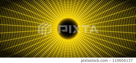 Yellow glowing wireframe tunnel. Neon gold wormhole in dark space. Grid tunnel in perspective. Funnel or portal illusion. Circular mesh structure tube. Vector optical illusion art Yellow glowing wireframe tunnel. Neon gold wormhole in dark space. Grid tunnel in perspective. Funnel or portal illusion. Circular mesh structure tube. Vector optical illusion art 110608137