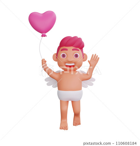 3D illustration of Valentine Cupid character Joyful with Heart Balloon 110608184