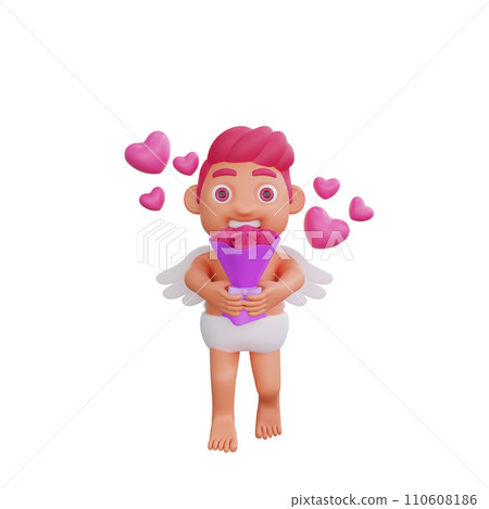 3D illustration of Valentine Cupid character holding a bouquet of roses 110608186