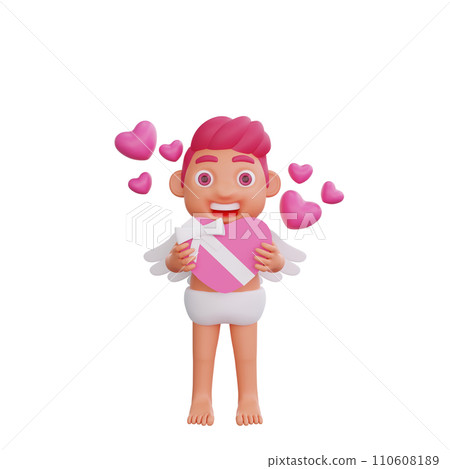 3D illustration of Valentine Cupid character holding a heart-shaped chocolate box 3D illustration of Valentine Cupid character holding a heart-shaped chocolate box 110608189