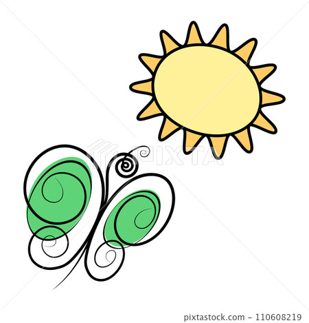 Sun and butterfly with spots in trendy marker colors. Stylized design elements for springtime cards Sun and butterfly with spots in trendy marker colors. Stylized design elements for springtime cards 110608219