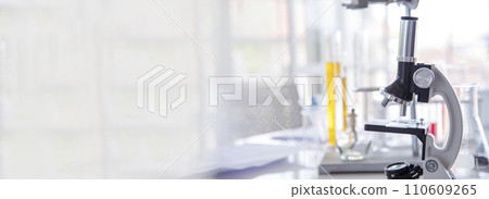 Banner Science chemistry glass tubes object on lab background. Wide Liquid tube biology laboratory chemical fluid scientist object medical glass tubes. Chemistry scientific background with Copy Space 110609265