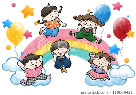 Hand-drawn illustration material of a cheerfully jumping child and a colorful rainbow Hand-drawn illustration material of a cheerfully jumping child and a colorful rainbow 110609421