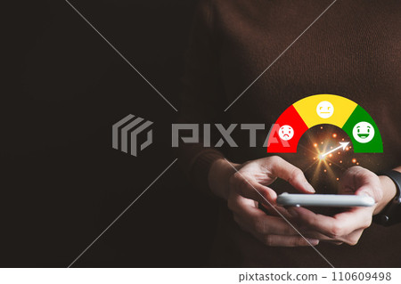 Customer evaluate satisfaction service by smartphone, caring and paying attention to service user, satisfy smile icon, giving the highest rating, very good response and feedback from client Customer evaluate satisfaction service by smartphone, caring and paying attention to service user, satisfy smile icon, giving the highest rating, very good response and feedback from client 110609498