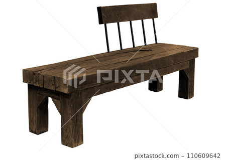 Old dark brown wooden bench isolated on white background. Old dark brown wooden bench isolated on white background. 110609642