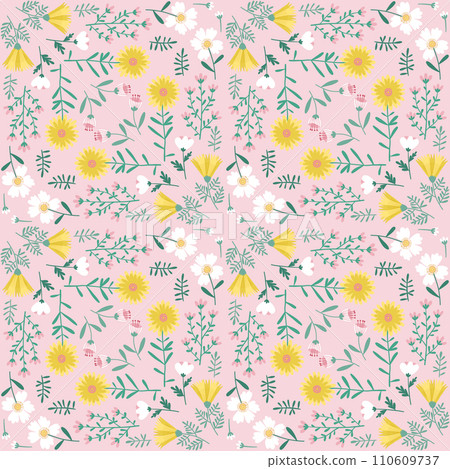 Floral Seamless Pattern of Flowers in Pink, White and Yellow, Square Symmetrical Design, for Textiles, Fabrics, Decoration, Papers Prints, Fashion Backgrounds, Wrapping, Packaging Floral Seamless Pattern of Flowers in Pink, White and Yellow, Square Symmetrical Design, for Textiles, Fabrics, Decoration, Papers Prints, Fashion Backgrounds, Wrapping, Packaging 110609737