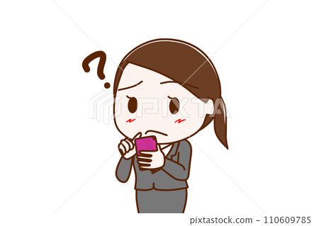 (Upper body diagonal) A woman in a suit holding a smartphone and having doubts about how to use it 110609785