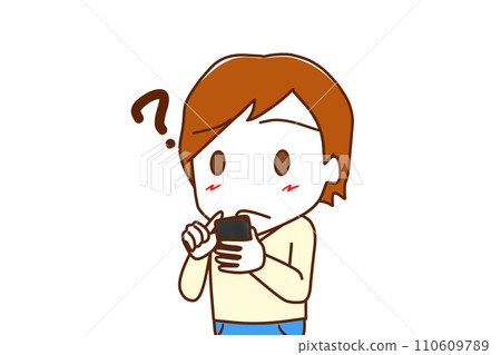 (Upper body diagonal) A white man holding a smartphone and having doubts about how to use it (Upper body diagonal) A white man holding a smartphone and having doubts about how to use it 110609789
