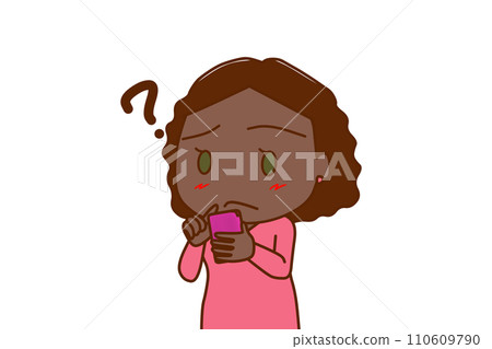 （上半身對角線）非洲女性拿著智慧型手機，對如何使用它有疑問 110609790