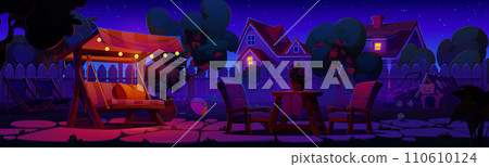 Night backyard garden with furniture and fence 110610124
