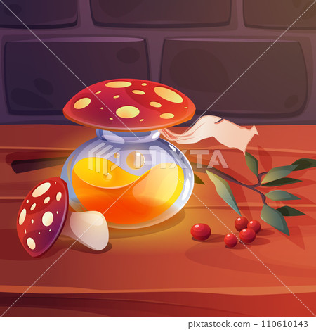 Magic mushroom potion on wooden table 110610143