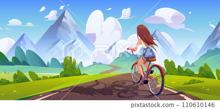 Young girl riding bicycle on road to mountains Young girl riding bicycle on road to mountains 110610146