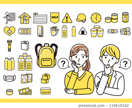 Illustration/icon set of a couple worried about disaster prevention and stockpiling 110610182