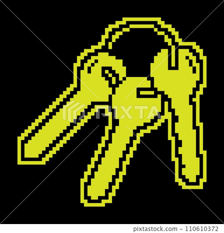 Pixel silhouette icon. Bunch of keys on ring from lock of front door of residential building. Round handle key. Simple black and yellow vector isolated Pixel silhouette icon. Bunch of keys on ring from lock of front door of residential building. Round handle key. Simple black and yellow vector isolated 110610372