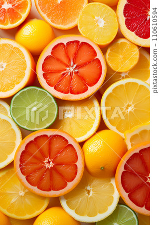 AI-generated content. Different cut citrus fruits background, top view. Concept of healthy eating. 110610594