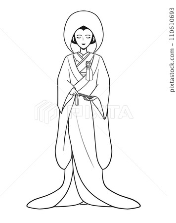 A young woman in a kimono, uchikake, cotton hat, and wedding costume (line drawing) 110610693