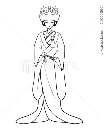 Young woman in kimono, uchikake, kadokakushi, and wedding costume (line drawing) Young woman in kimono, uchikake, kadokakushi, and wedding costume (line drawing) 110610694