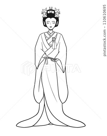 Young woman in kimono, uchikake, Japanese hair, wedding costume (line drawing) 110610695