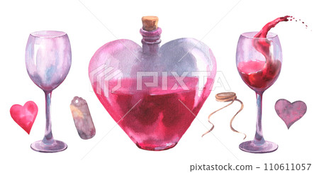 Watercolor illustrations, set for Valentine day or wedding design. Love potion elixir in heart shaped bottle and glass wine, hearts, tag, illustration on white background. 110611057