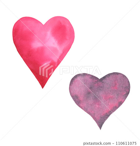 Watercolor set with different hand drawn red Hearts. Illustration with symbols of love for Valentines Day design or wedding invitations cards. Isolated clipart on white background. 110611075