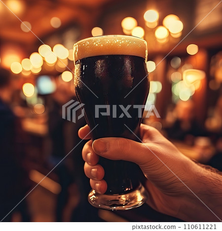 Close-Up of Man Holding Beer Glass in Traditional Irish Pub with Warm Lighting Close-Up of Man Holding Beer Glass in Traditional Irish Pub with Warm Lighting 110611221