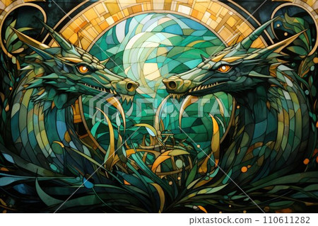 AI-generated content. Ancient dragons with scales of emerald and gold - Generative AI 110611282